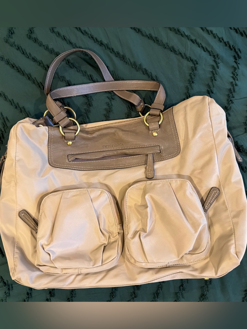Neutral Beige Baby Bag with Taupe Trim - Women's Diaper Tote